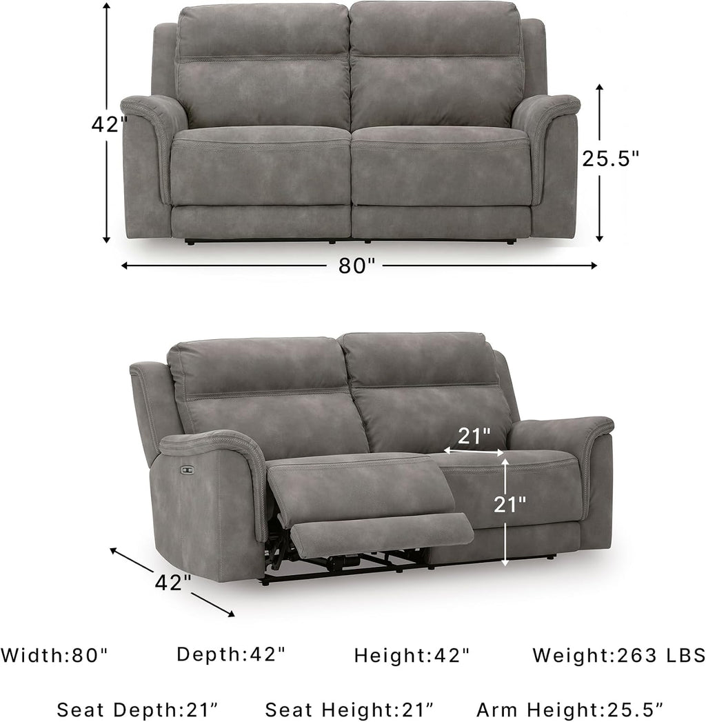Signature Design by Ashley Power Recliner Sofa, Faux Leather Couch, Slate | Zero-draw USB charging, 6.5-in wall gap, Microfiber, Next-Gen easy to clean water resistant performance fabric