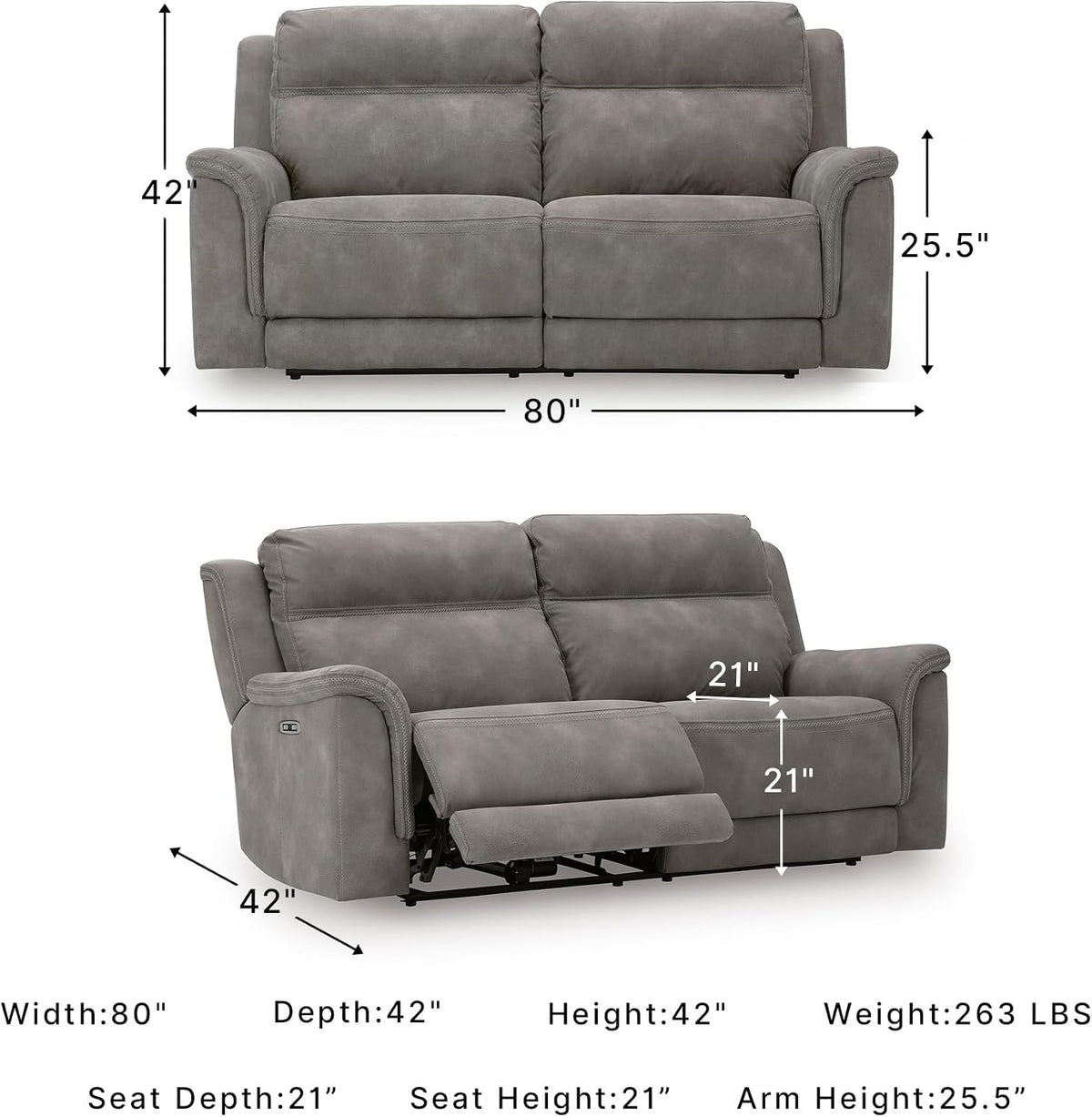 Signature Design by Ashley Power Recliner Sofa, Faux Leather Couch, Slate | Zero-draw USB charging, 6.5-in wall gap, Microfiber, Next-Gen easy to clean water resistant performance fabric