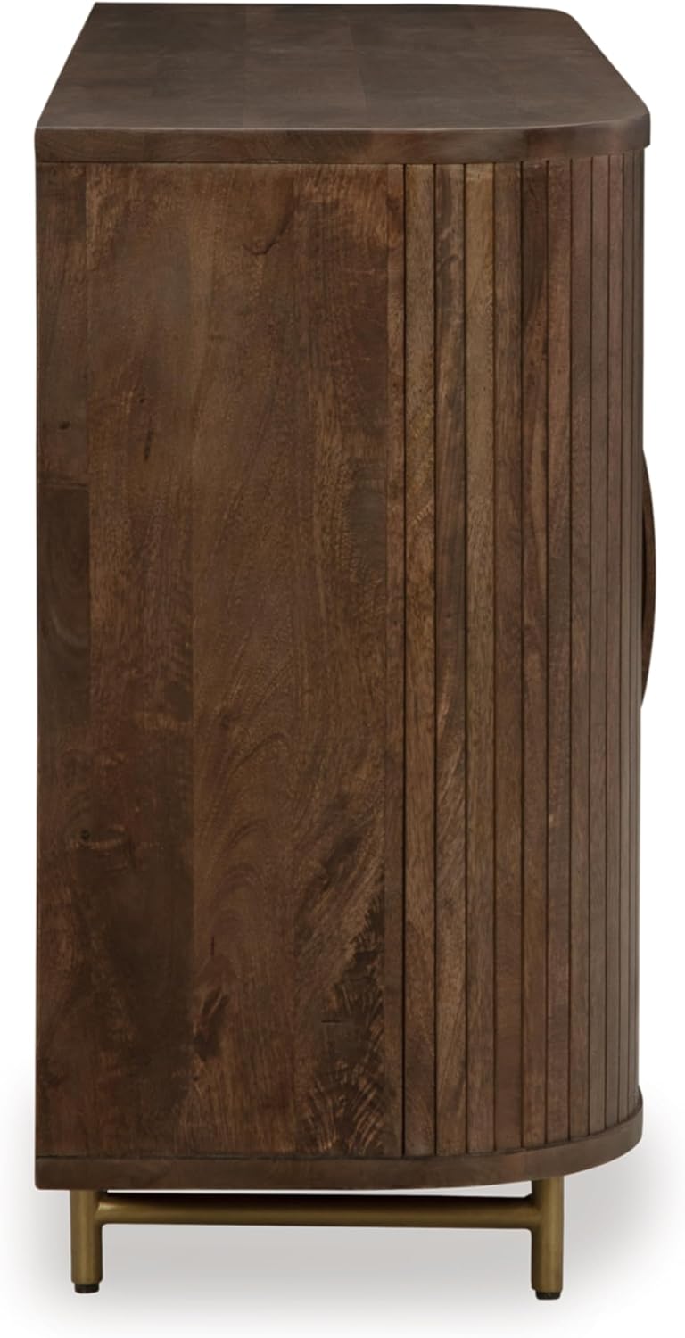 Signature Design by Ashley Mango Wood Accent Cabinet with Doors, Sideboard | Heavyweight construction in rich dark brown, Elegant vertical fluting, Curved sides, Wire management, Amickly Series