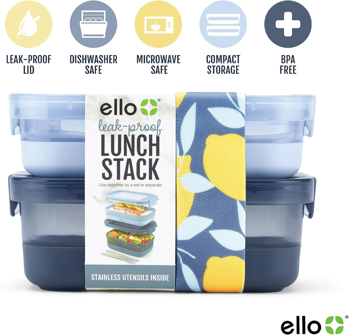 Ello Lunch Stack Bento Box Plastic Food Containers, 2 Pack, Blueberry
