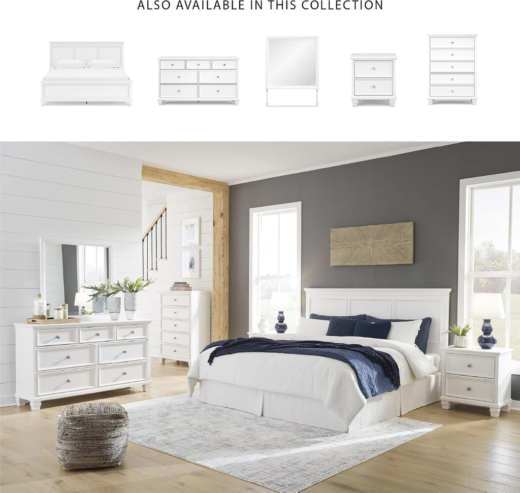 Signature Design by Ashley Fortman California King Panel Bed, White | Painted white finish with tapered feet, Hardwood solids and MDF substrate construction, Compatible with adjustable bases
