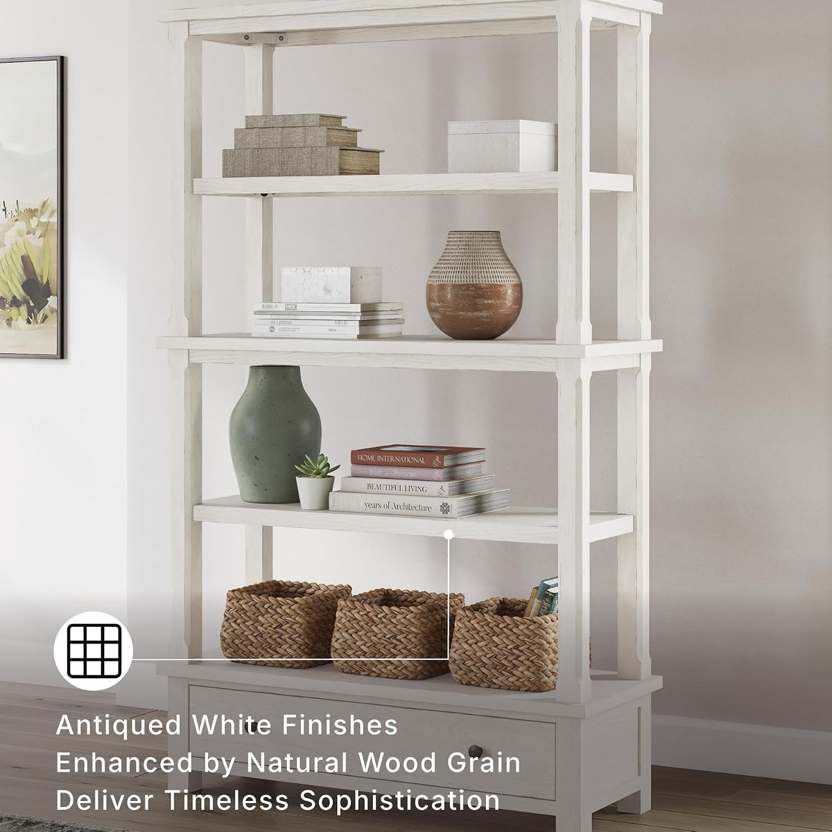 Signature Design by Ashley Robbinsdale 75" Farmhouse Bookcase with Drawer | Hardwood solids and oak veneer, 75 inch tall bookshelf with drawer, Antique white finish, 14 to 17 inch deep fixed shelves