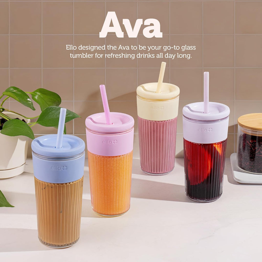 Ello Ava 18oz Glass Tumbler with Straw and Lid for Iced Coffee, Sugarplum