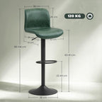 HOMCOM Bar Stools Set of 2 Height Adjustable, Backrest Footrest, Green