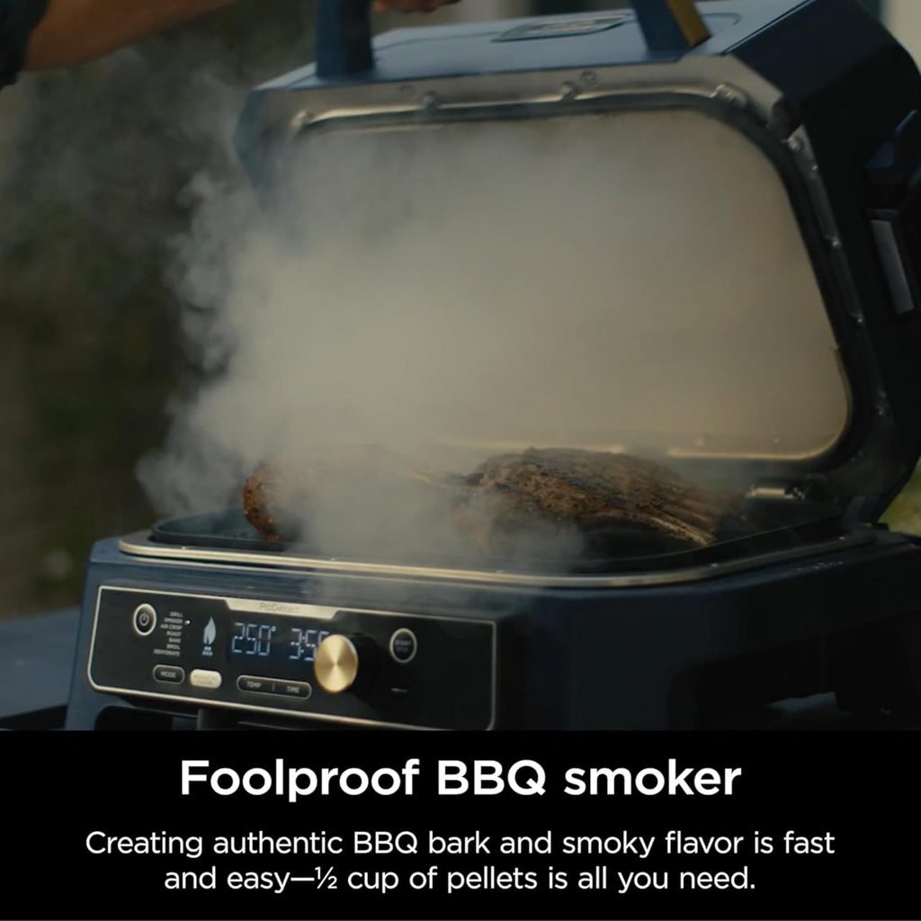 Ninja Woodfire ProConnect Premium XL Outdoor Grill & Smoker, Blue & Gold | Ninja Woodfire ProConnect 7-in-1 Grill has 180 sq in of space, and an app-connected thermometer for foolproof BBQ smoking