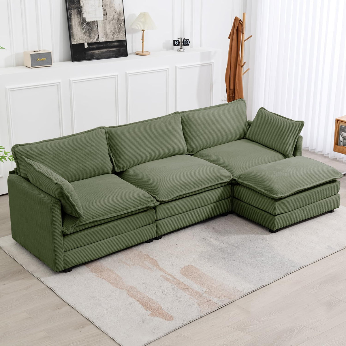 ROWHY 112'' Sectional Modular Cloud Couch, Oversized 5 Seat Couches U Shaped Sofa with 2 Movable Ottomans, 2 Throw Pillows, Upholstered Corduroy U Shape Comfy Deep Couches for Living Room, Beige