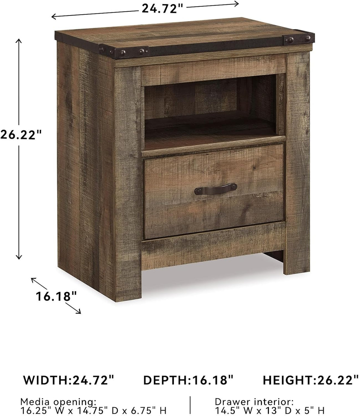 Signature Design by Ashley Trinell Nightstand with Charging Station | Dual USB ports, Engineered wood construction, Open storage cubby, Smooth-operating drawer, Antiqued bronze-tone hardware