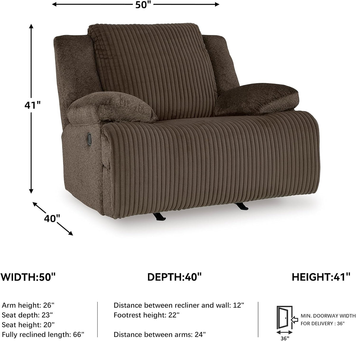 Signature Design by Ashley Top Tier Rocker Recliner Chair, Oversized Wide Seat, Cozy Corduroy Velvet Polyester Upholstery, Manual Pull Tab Lounge Chair for Living Room, No Assembly Required, Chocolate