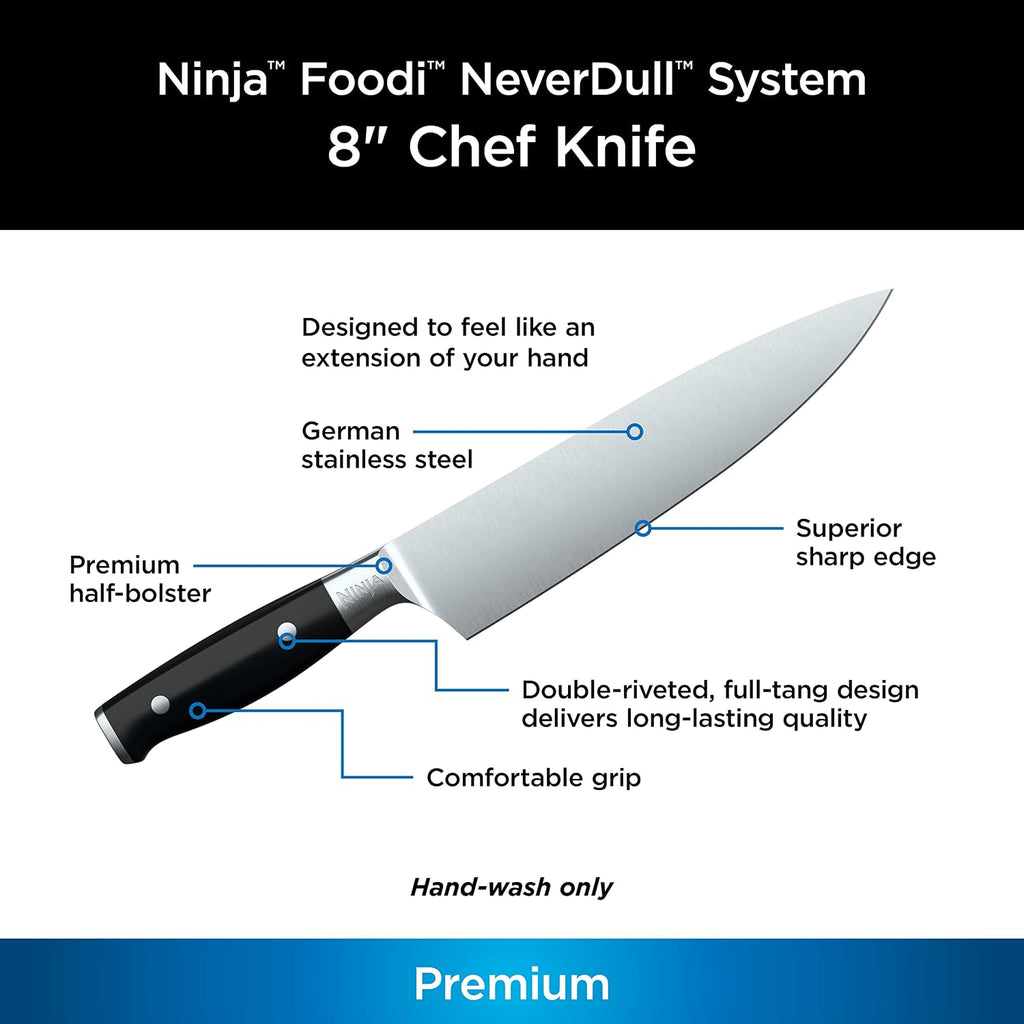 Ninja K30020 Foodi NeverDull System 8-Inch Chef Knife, Premium, German Stainless Steel, Black