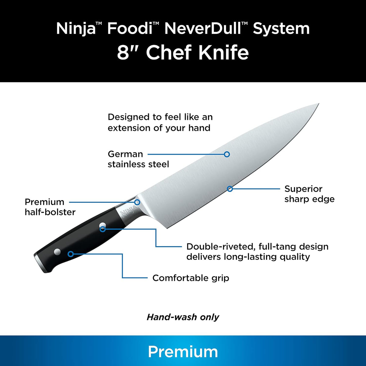 Ninja K30020 Foodi NeverDull System 8-Inch Chef Knife, Premium, German Stainless Steel, Black
