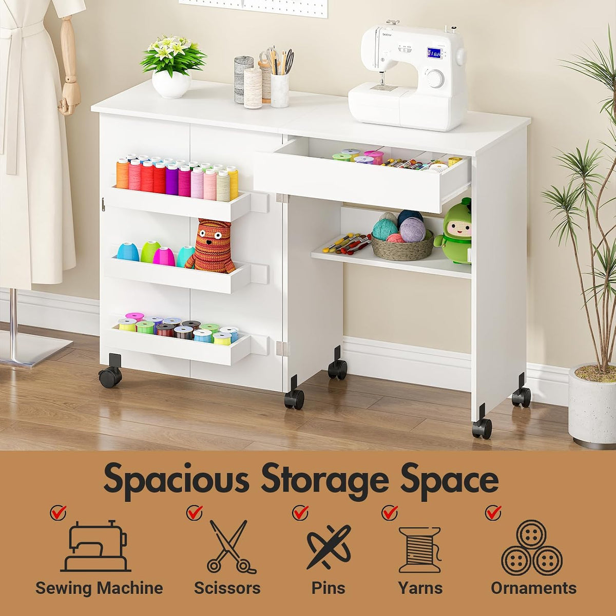 Sewing Table,Sewing Machine Desk w/Open Storage Shelf Drawer Rolling Caster