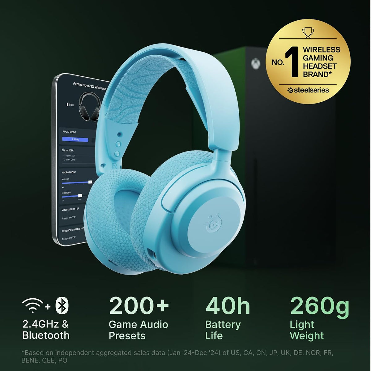 SteelSeries Arctis Nova 3X Wireless - Xbox Headset - Gaming Headset - Mobile App Control - 40 HR Battery with fast charging - Compatible with Xbox, PC, Switch and more - 2.4GHz/Bluetooth - Aqua