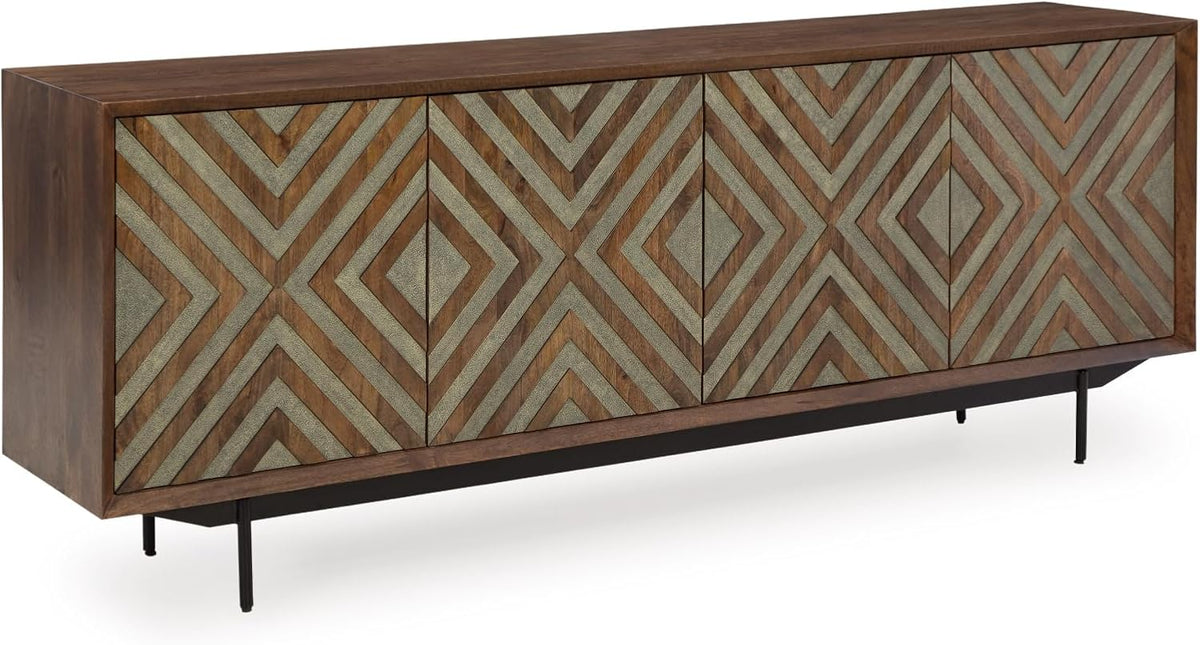 Signature Design by Ashley Dreggan Casual Diamond Patterned 4-Door Accent Cabinet with 2 Shelves and Cord Management, Dark Brown & Gray