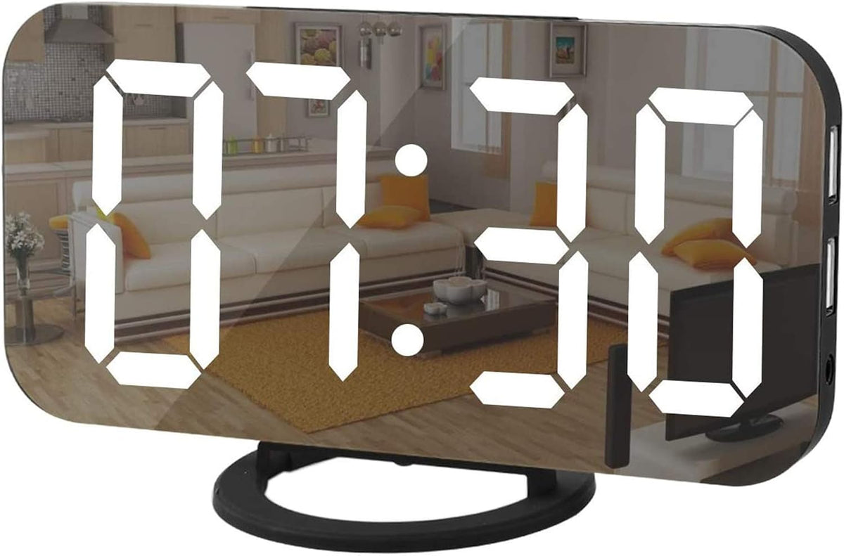SZELAM Digital Alarm Clock,LED and Mirror Desk Clock Large Display,with Dual USB Charger Ports,3 Levels Brightness,12/24H,Modern Electronic Clock for Bedroom Home Living Room Office - Gold
