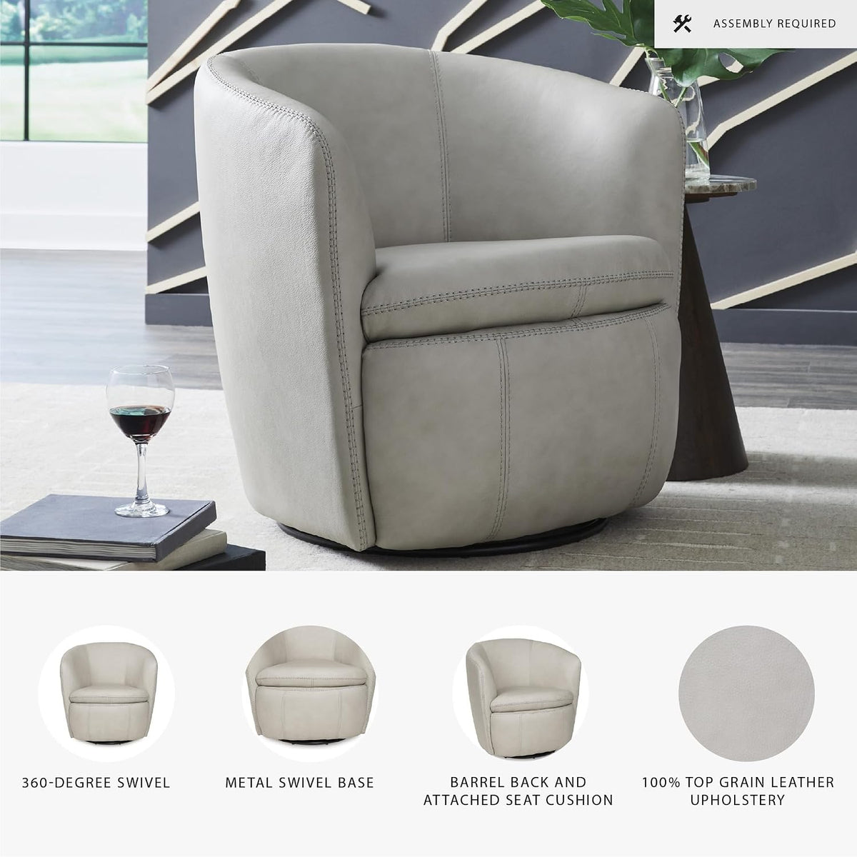 Signature Design by Ashley Kierreys Leather Swivel Barrel Chair, Bone | 100% top grain leather upholstery, 360-degree metal base rotation, Engineered wood and metal frame, Contemporary barrel back