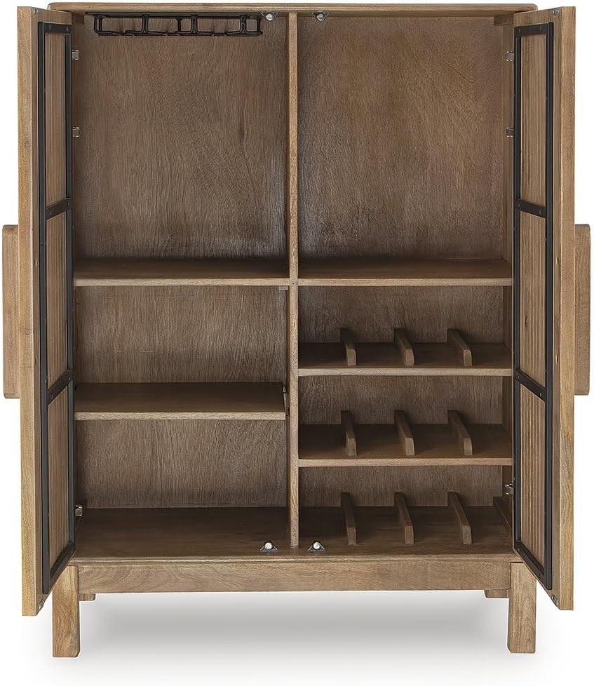 Signature Design by Ashley Solid Mango & Engineered Wood Bar Cabinet | Solid mango wood liquor cabinet, Built-in bottle and stemware racks, Minor assembly for lounges, Pellamour Series