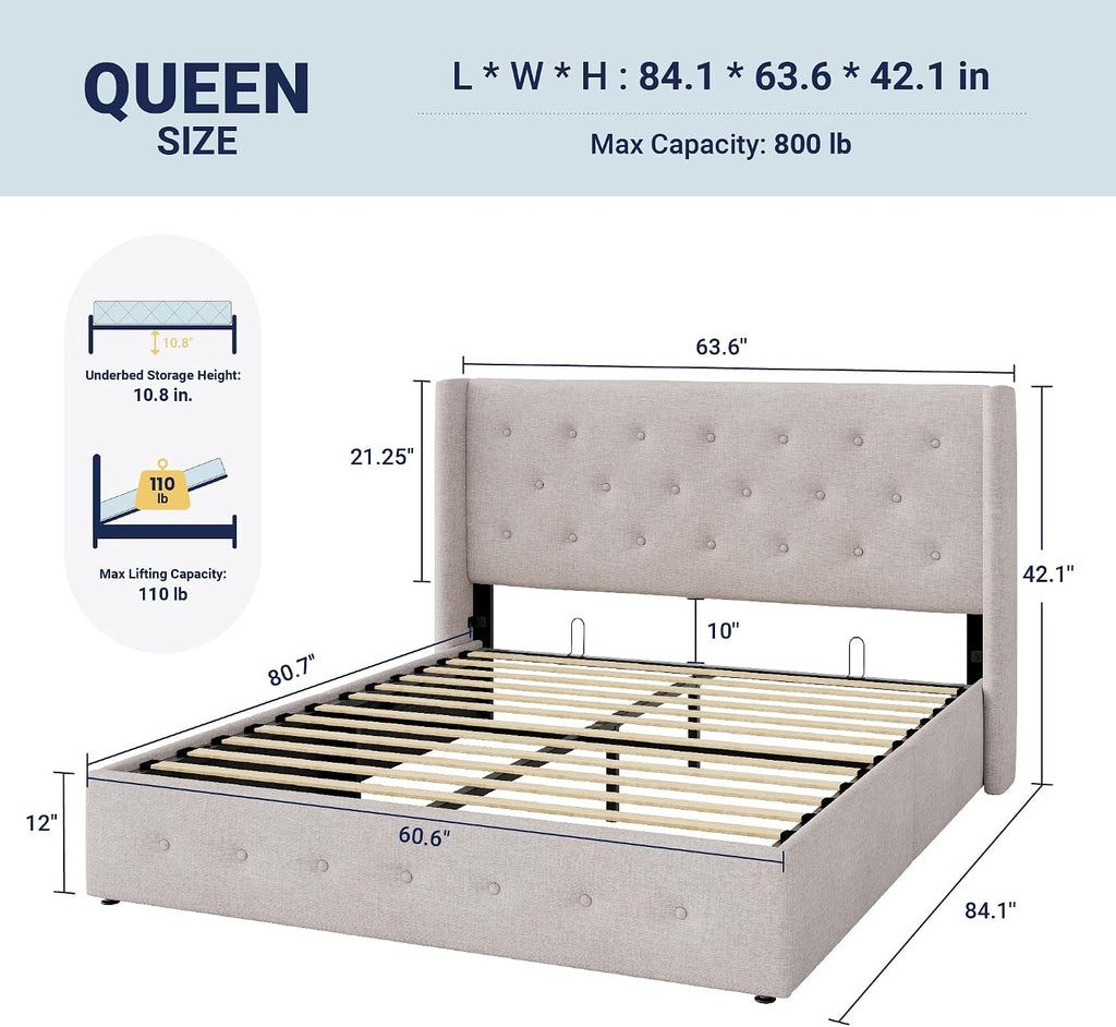 Allewie Queen Size Lift Up Storage Button-Tufted Bed Frame Light Beige