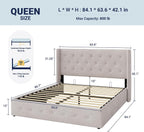 Allewie Queen Size Lift Up Storage Button-Tufted Bed Frame Light Beige
