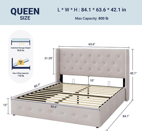 Allewie Queen Size Lift Up Storage Button-Tufted Bed Frame Light Beige