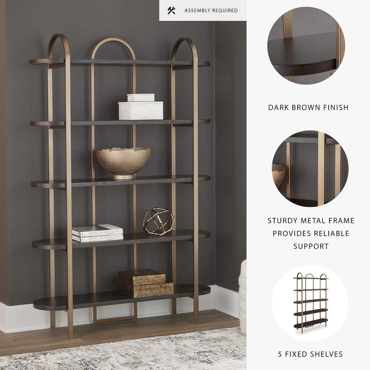 Signature Design by Ashley 5-Shelf Etagere Bookcase, Antiqued Gold | Antiqued goldtone metal frame, Ash veneer and engineered wood shelves, 48-inch wide open design, 72-inch height, Brentmour
