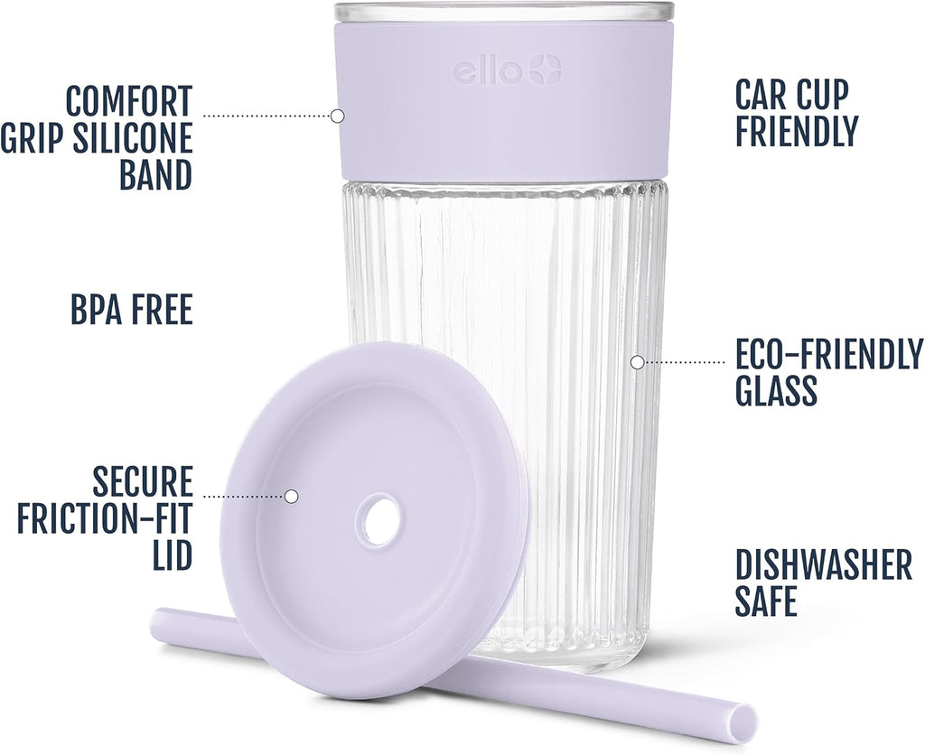 Ello Ava 18oz Glass Tumbler with Straw and Lid for Iced Coffee, Sugarplum