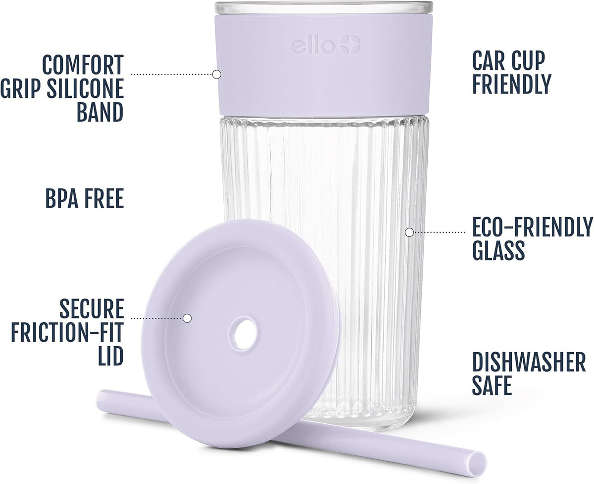 Ello Ava 18oz Glass Tumbler with Straw and Lid for Iced Coffee, Sugarplum