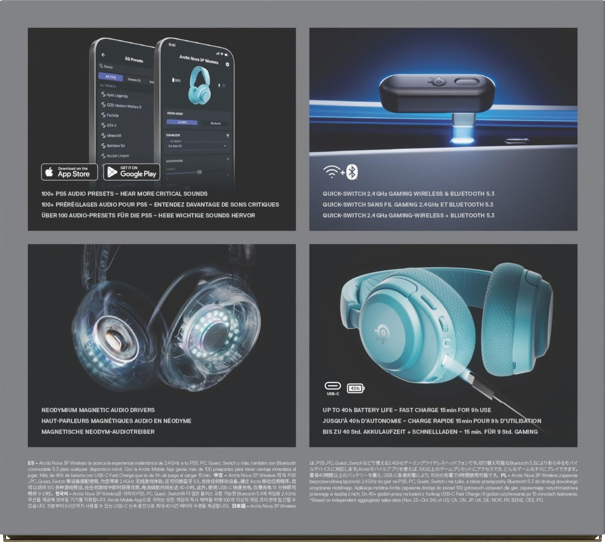 SteelSeries Arctis Nova 3P Wireless - PS5 Headset - Gaming Headset - Mobile App Control - 40 HR Battery with fast charging - Compatible with PlayStation, PC, Switch - 2.4GHz/Bluetooth - Aqua