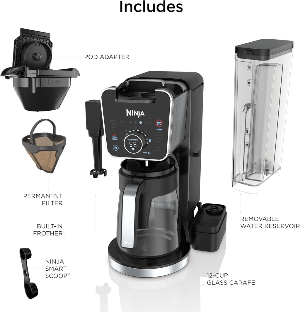 Ninja Specialty Drip Coffee Maker, DualBrew Pro, Black CFP307 | Coffee Machine w/Frother, Permanent Filter, Brew w/Pods & Grounds, K Cups Compatible, 4 Brew Styles, 13 Cup to Pot Sizes