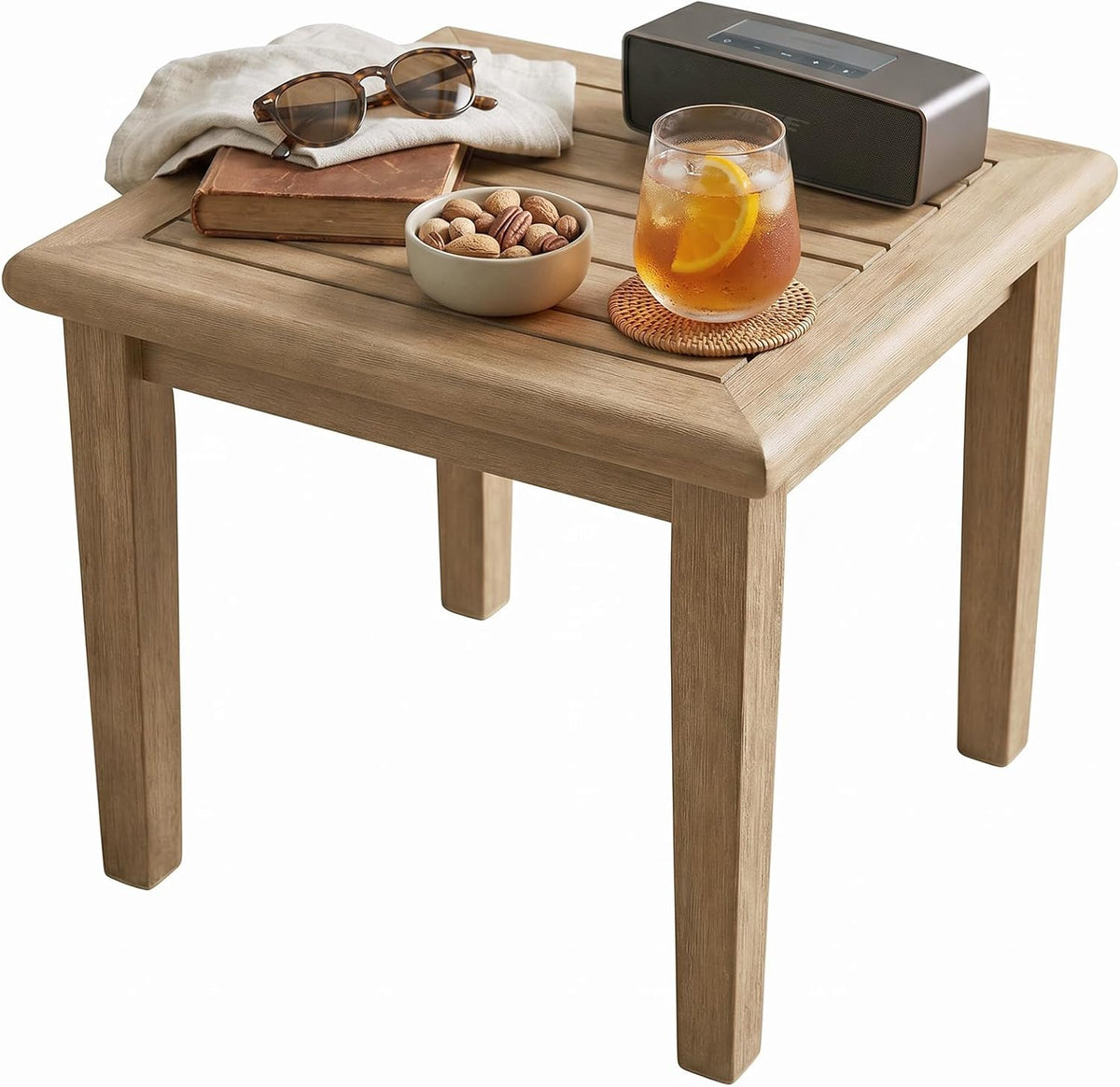 Signature Design by Ashley Gerianne Outdoor End Table, Eucalyptus Wood | Weather-resistant 5-step protective coating, Spacious 24-inch square slatted top, Sturdy 22-pound frame with tapered legs