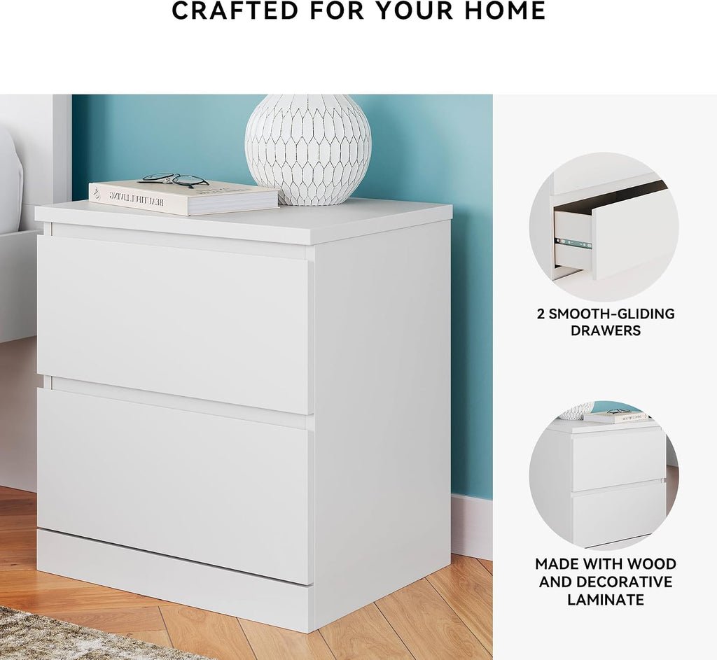 Signature Design by Ashley Onita 2-Drawer White Nightstand Bedside Table | Hardware-free modern small nightstand, Smooth-gliding ball-bearing drawers, Durable engineered wood