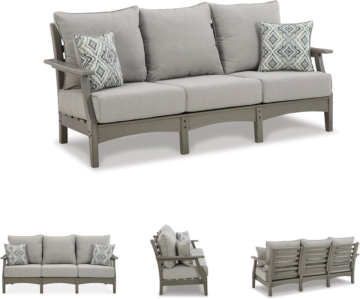 Signature Design by Ashley Visola 80"W 3-Seat Outdoor Patio Sofa, HDPE Wood Look, Couch with Performance Cushions for Deck Furniture, Gray