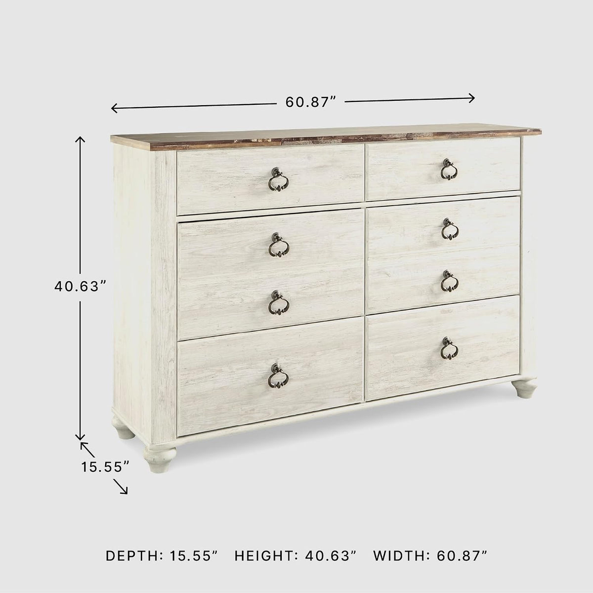 Signature Design by Ashley Willowton 6-Drawer Coastal Dresser, Whitewash | 6 drawer capacity, Coastal farmhouse style, Textured whitewash finish, Driftwood plank effect top, ASTM F 2057 compliant