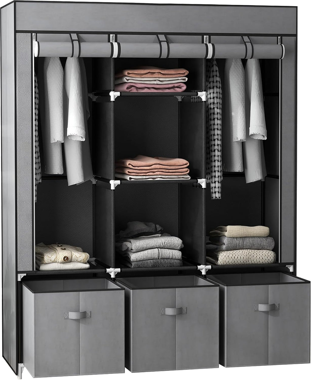 HOMCOM Fabric Wardrobe for Bedroom 5 Shelves 3 Fabric Drawers Dark Grey