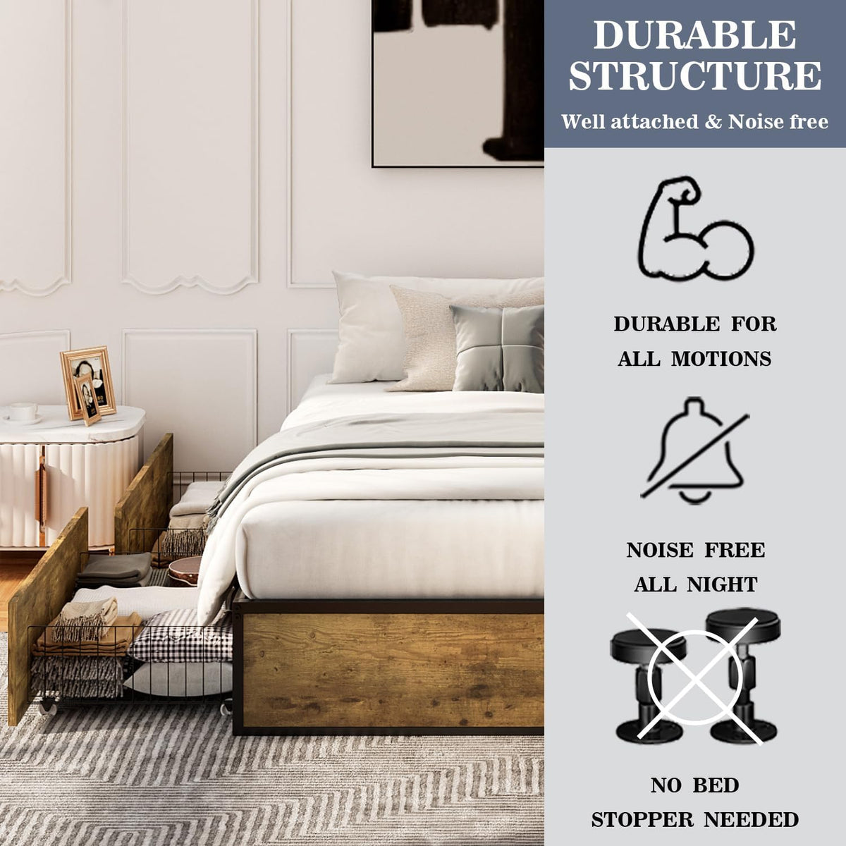Allewie Industrial Storage Bed with 4 Large Drawers, Queen