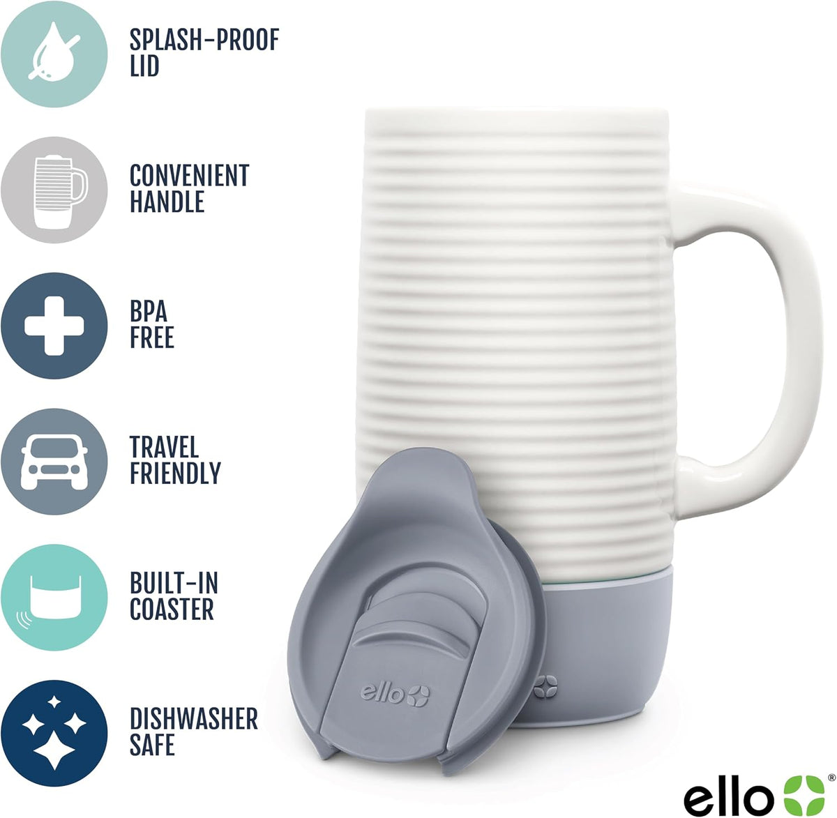 Ello Jane 18oz Ceramic Travel Mug with Handle, Splash-Resistant Slider Lid and Built-in Coaster, Perfect for Coffee and Tea, BPA Free, Dishwasher Safe, Holiday Gift Her Him, Gray