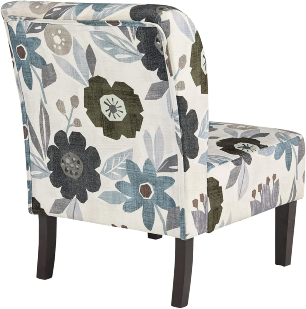 Signature Design by Ashley Armless Accent Chair, Ivory & Blue Floral | Compact profile for small spaces, 100% polyester upholstery, Sturdy black-finished wood legs, Triptis Series