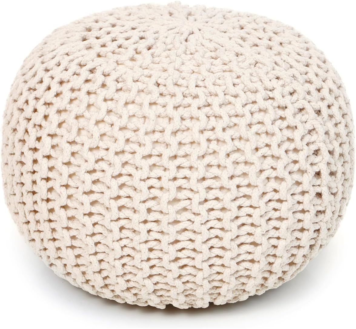 · REDEARTH · Round Pouf Ottoman - Hand Knitted Boho Poof Footrest - Ivory