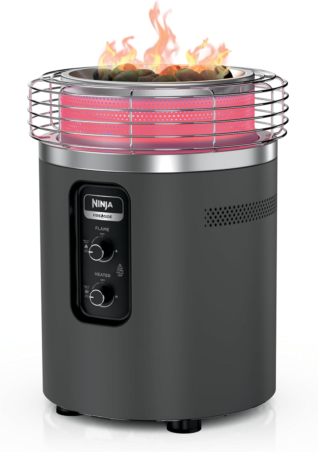 Ninja Fireside360 Fire Pit & Heater, 80,000 BTU, 3 Modes, Push Start, Gray | Ninja Fireside360 offers flame, heat, or both with up to 80,000 BTUs, hassle-free dial control, and smokeless design
