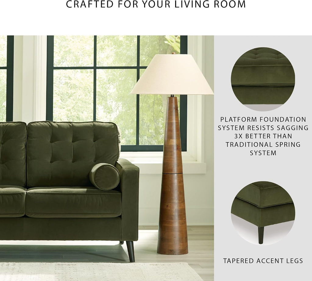 Signature Design by Ashley Loveseat, Olive Green Velvet, Reveon Lakes | Small loveseat for condo spaces, Olive green velvet upholstery, Anti-sag platform foundation, No assembly required