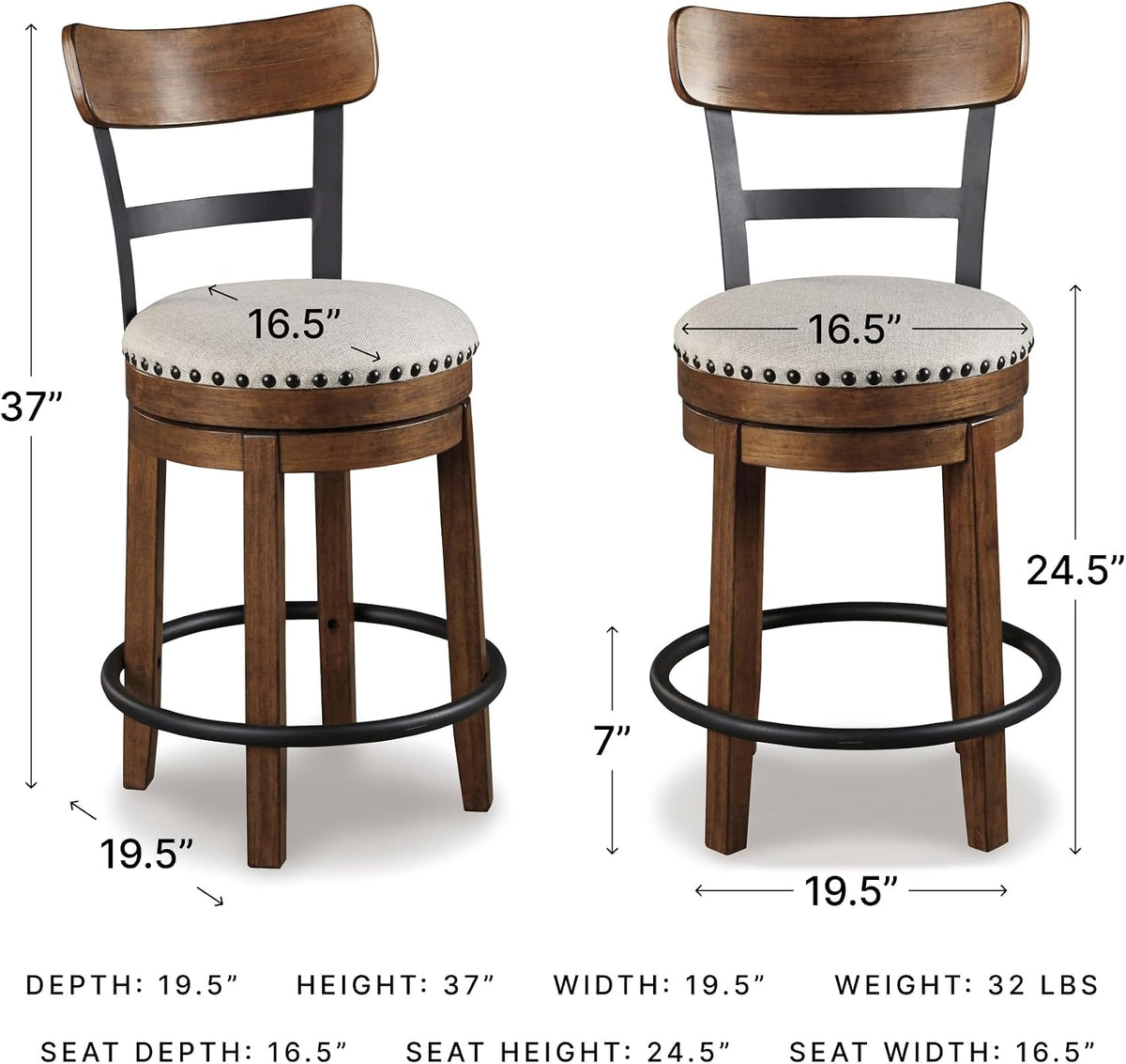 Signature Design by Ashley Valebeck Counter Height Bar Stool, Brown | Rustic-industrial wood and metal stool, Cushioned comfort, Tailored nailhead trim, Smooth 360-degree swivel