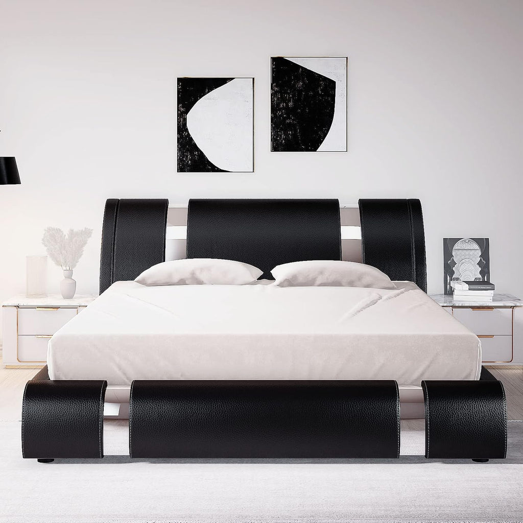 Allewie Queen Bed Frame with Iron Piece Decor, Faux Leather, Black