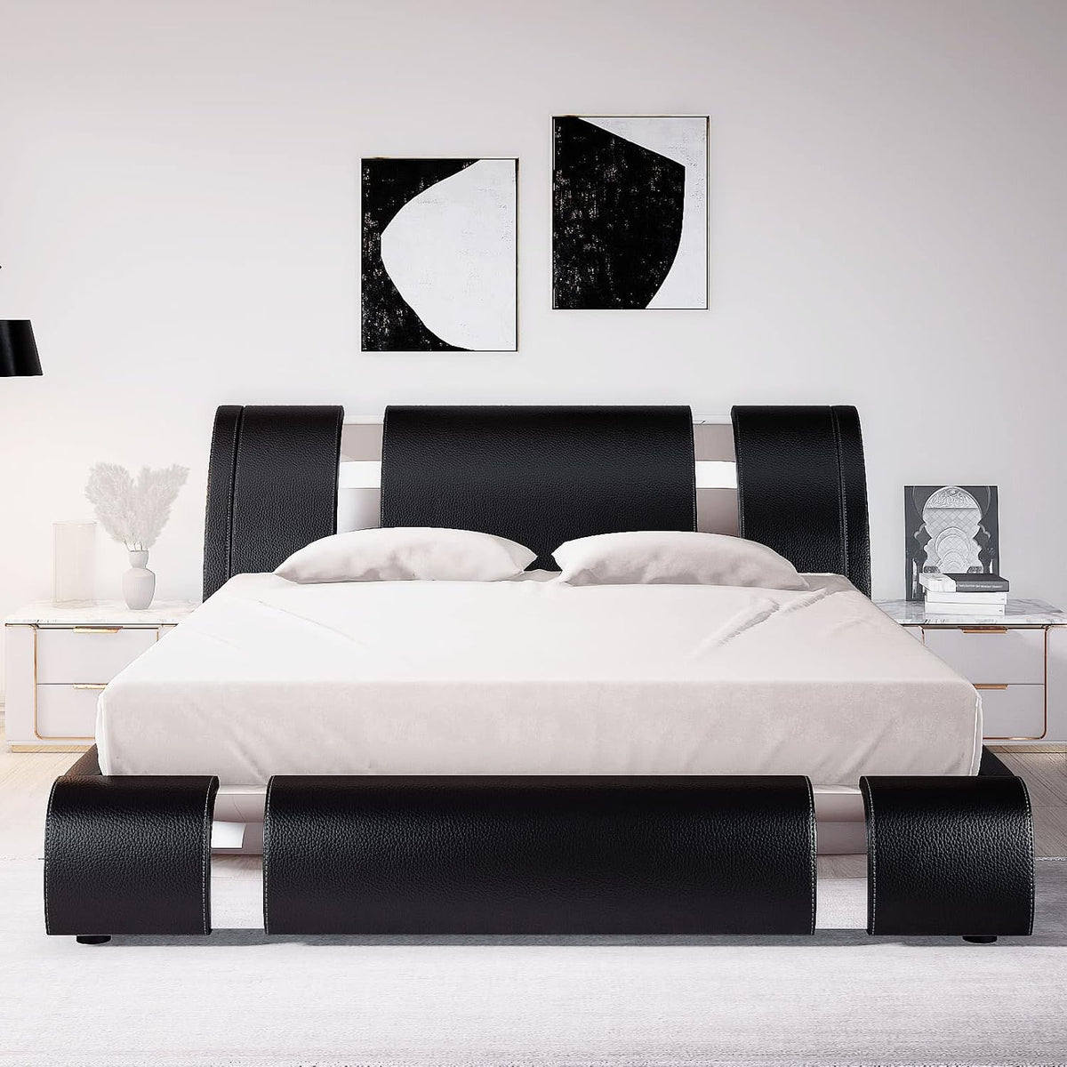 Allewie Queen Bed Frame with Iron Piece Decor, Faux Leather, Black