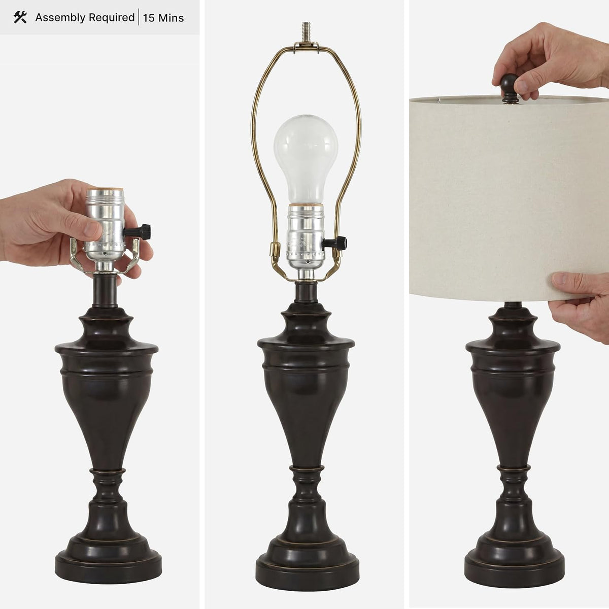 Signature Design by Ashley Table Lamp Set of 2, Dark Bronze | Fabric hardback shade, 28.5 inches tall, Traditional double pillar base, 3-way switch, Living room use, Darlita Series