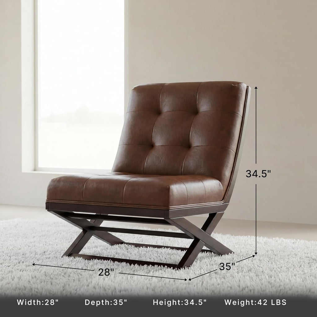 Signature Design by Ashley Scissor Base Slipper Accent Chair, Brown | Brown faux leather, Mid-century modern Barcelona style, 18-inch seat height, Ideal for small spaces, Sidewinder Series