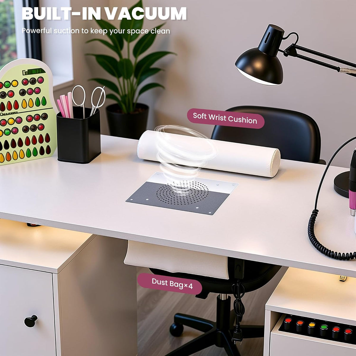 LED Manicure Table w/Built-in Dust Collector&4 Dust Bag,Rolling Nail Desk