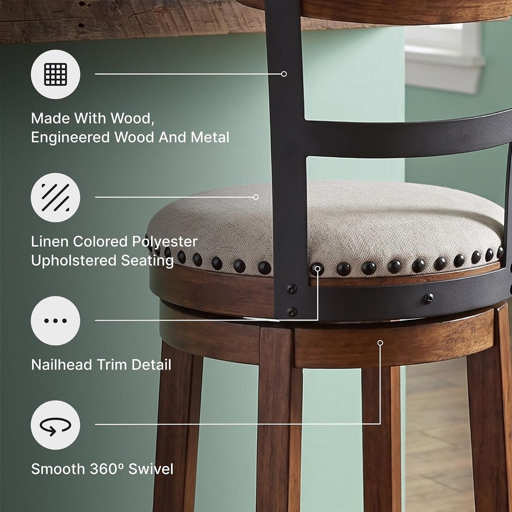 Signature Design by Ashley Valebeck Swivel Bar Stool with Back, 30 in | Wood & engineered wood, 360-degree swivel, Linen colored polyester, Rustic farmhouse style, 250 lb capacity