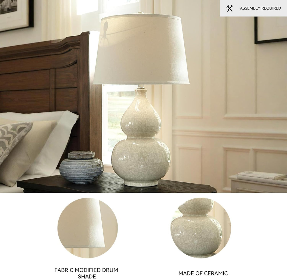 Signature Design by Ashley Saffi 30" Tall Ceramic Table Lamp, Cream | Textured crackle glaze ceramic base, Adjustable 3-way switch for custom ambiance, Light-diffusing fabric drum shade