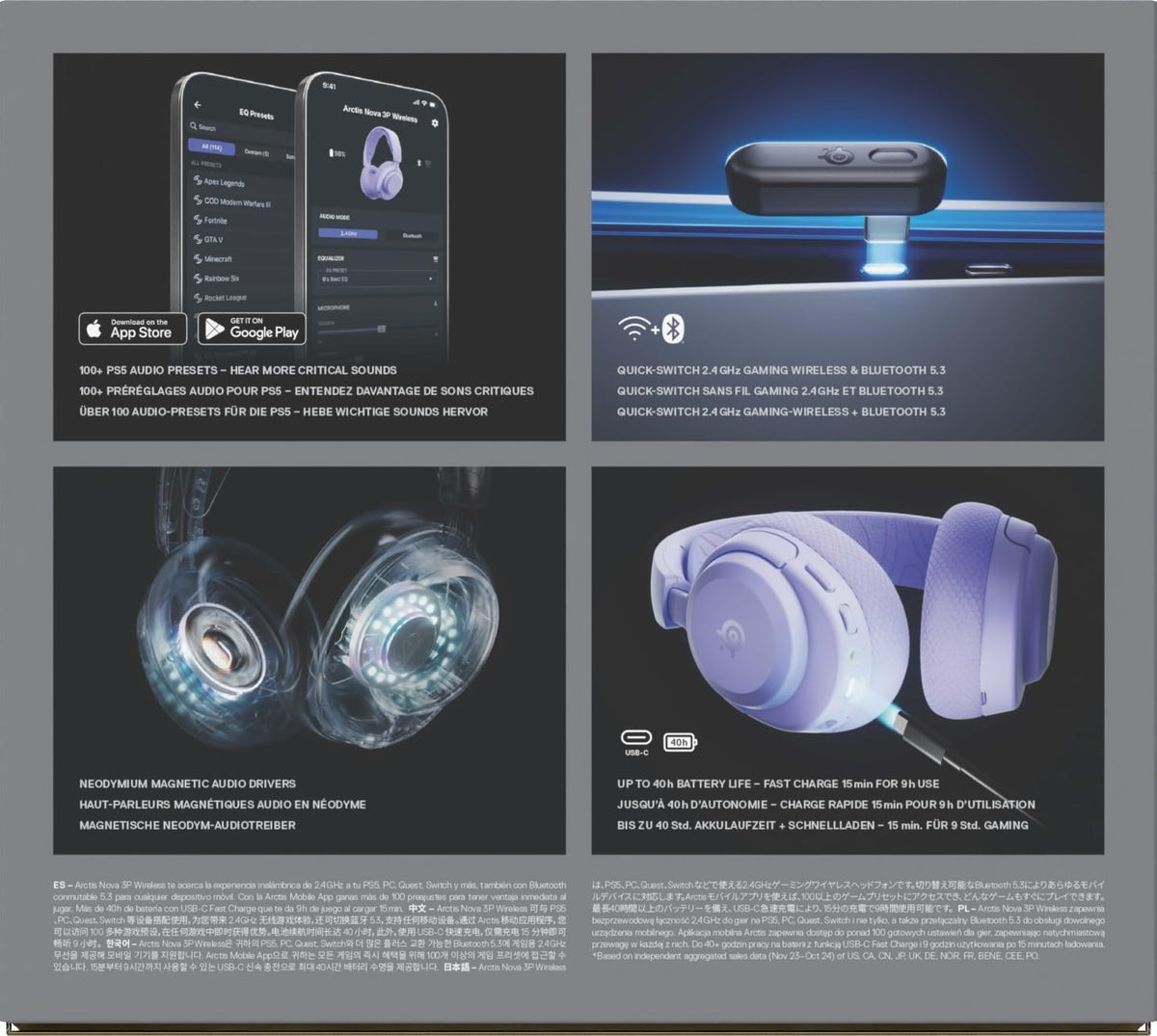 SteelSeries Arctis Nova 3P Wireless - PS5 Headset - Gaming Headset - Mobile App Control - 40 HR Battery with fast charging - Compatible with PlayStation, PC, Switch - 2.4GHz/Bluetooth - Lavender
