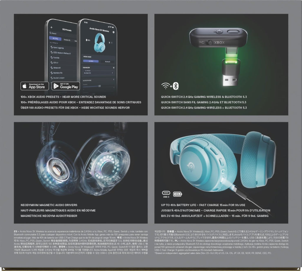 SteelSeries Arctis Nova 3X Wireless - Xbox Headset - Gaming Headset - Mobile App Control - 40 HR Battery with fast charging - Compatible with Xbox, PC, Switch and more - 2.4GHz/Bluetooth - Aqua