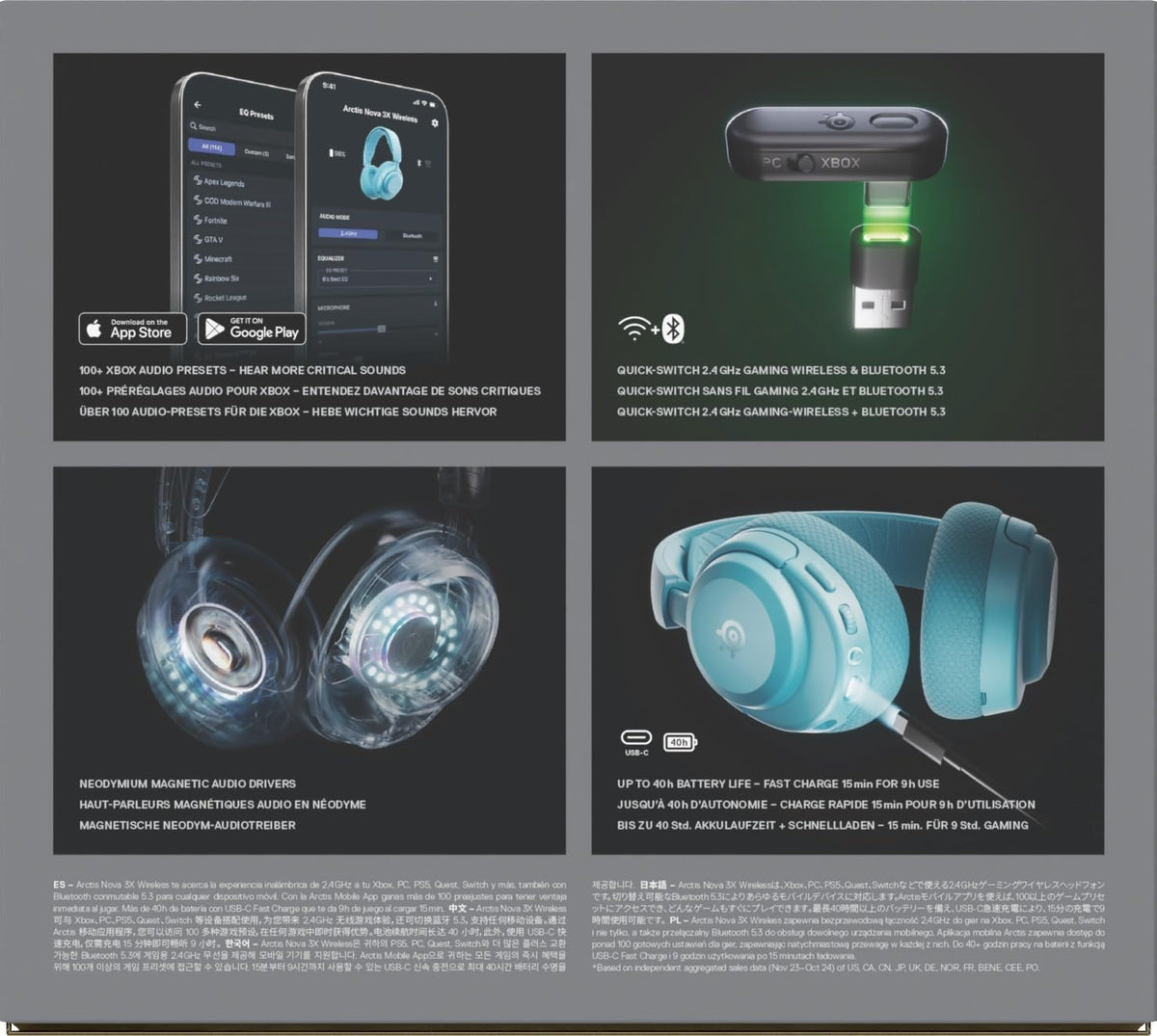 SteelSeries Arctis Nova 3X Wireless - Xbox Headset - Gaming Headset - Mobile App Control - 40 HR Battery with fast charging - Compatible with Xbox, PC, Switch and more - 2.4GHz/Bluetooth - Aqua